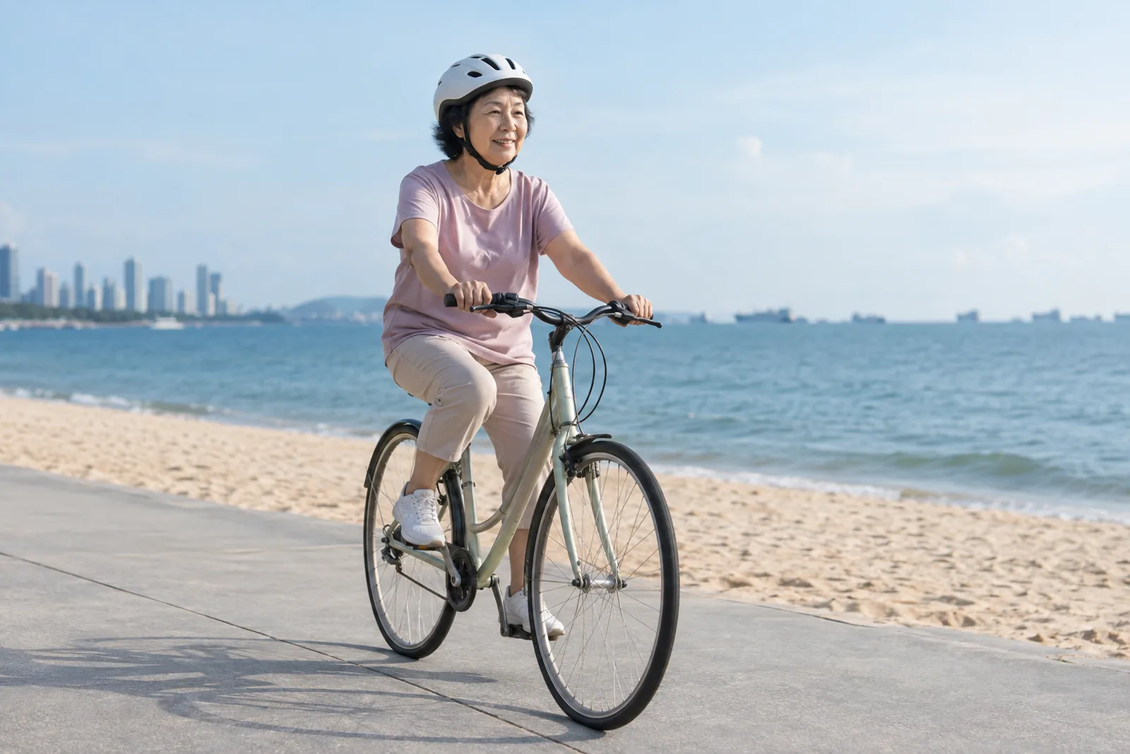 一位年长女士骑着低跨式自行车,沿着海滩旁阳光明媚的海滨步道前行。