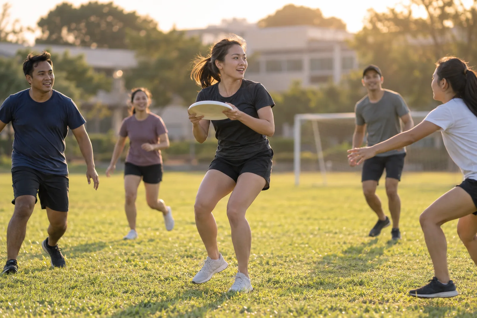 A group of adults plays ultimate frisbee on a school field as a woman lands after catching the disc.