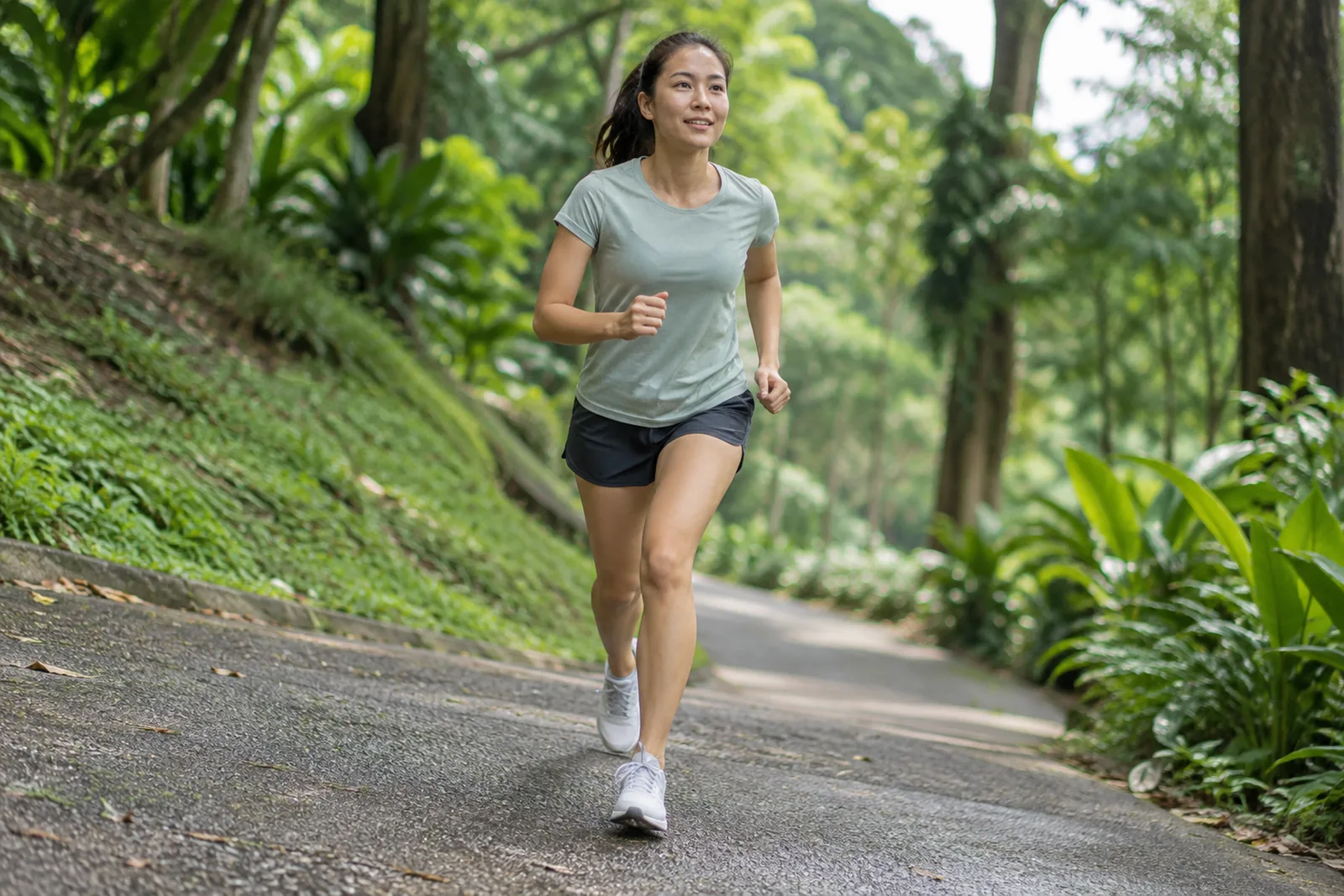 A woman jogs steadily up a gentle tree-lined park slope in the morning.
