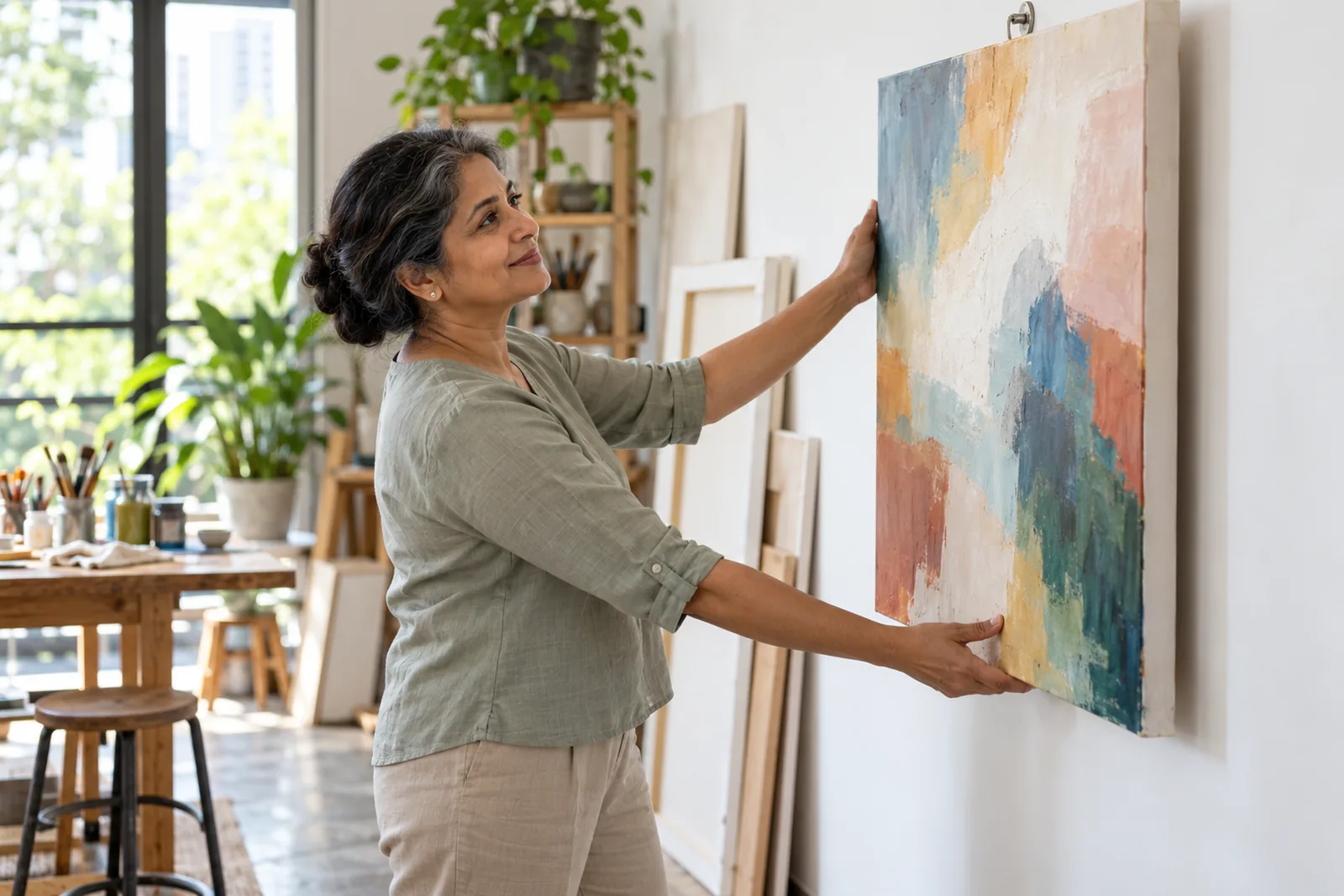 A woman hangs an abstract canvas on a white wall in a sunlit art studio.