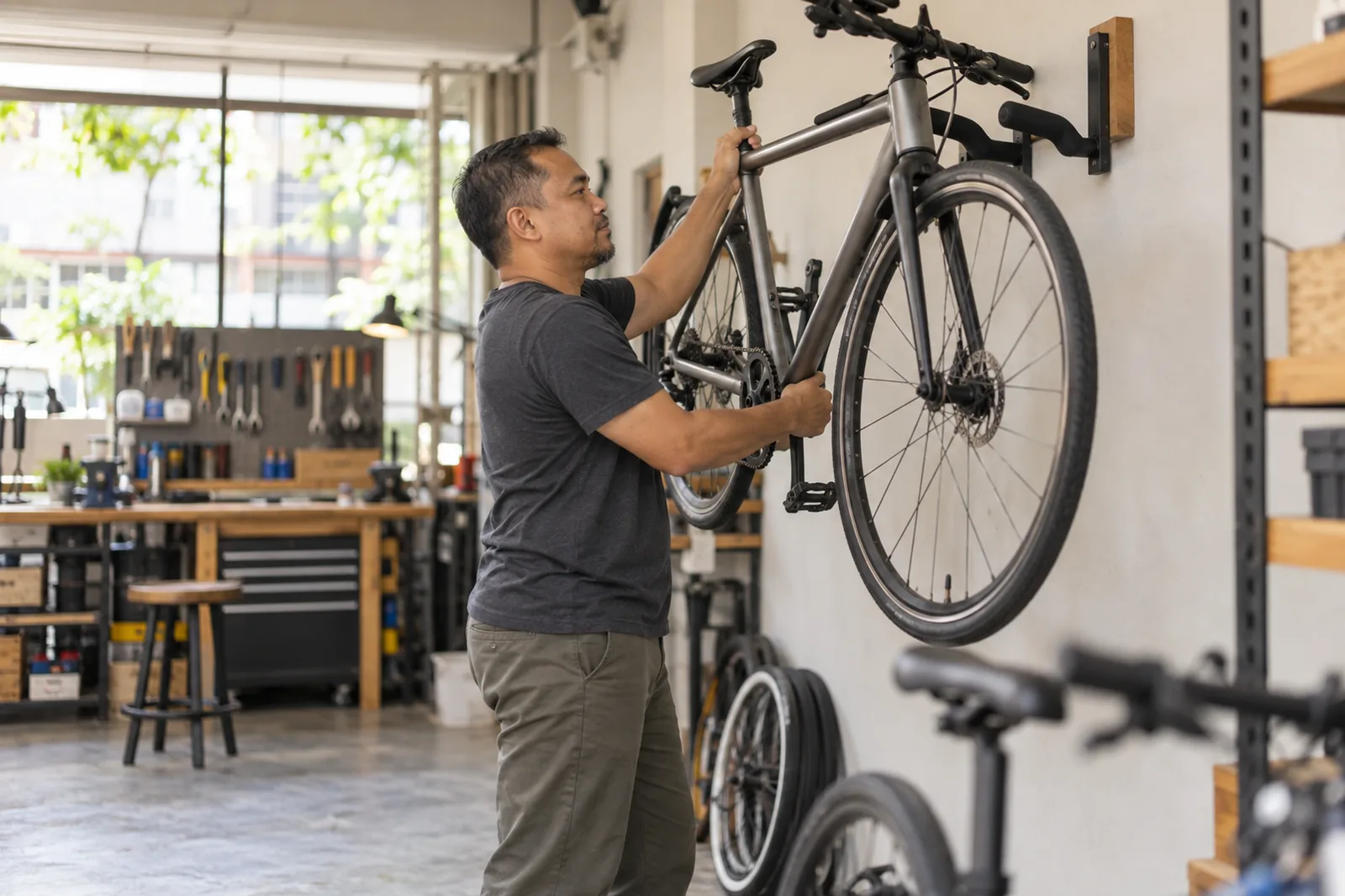 A man lifts a plain bicycle onto a wall hook in a bright neighbourhood workshop.