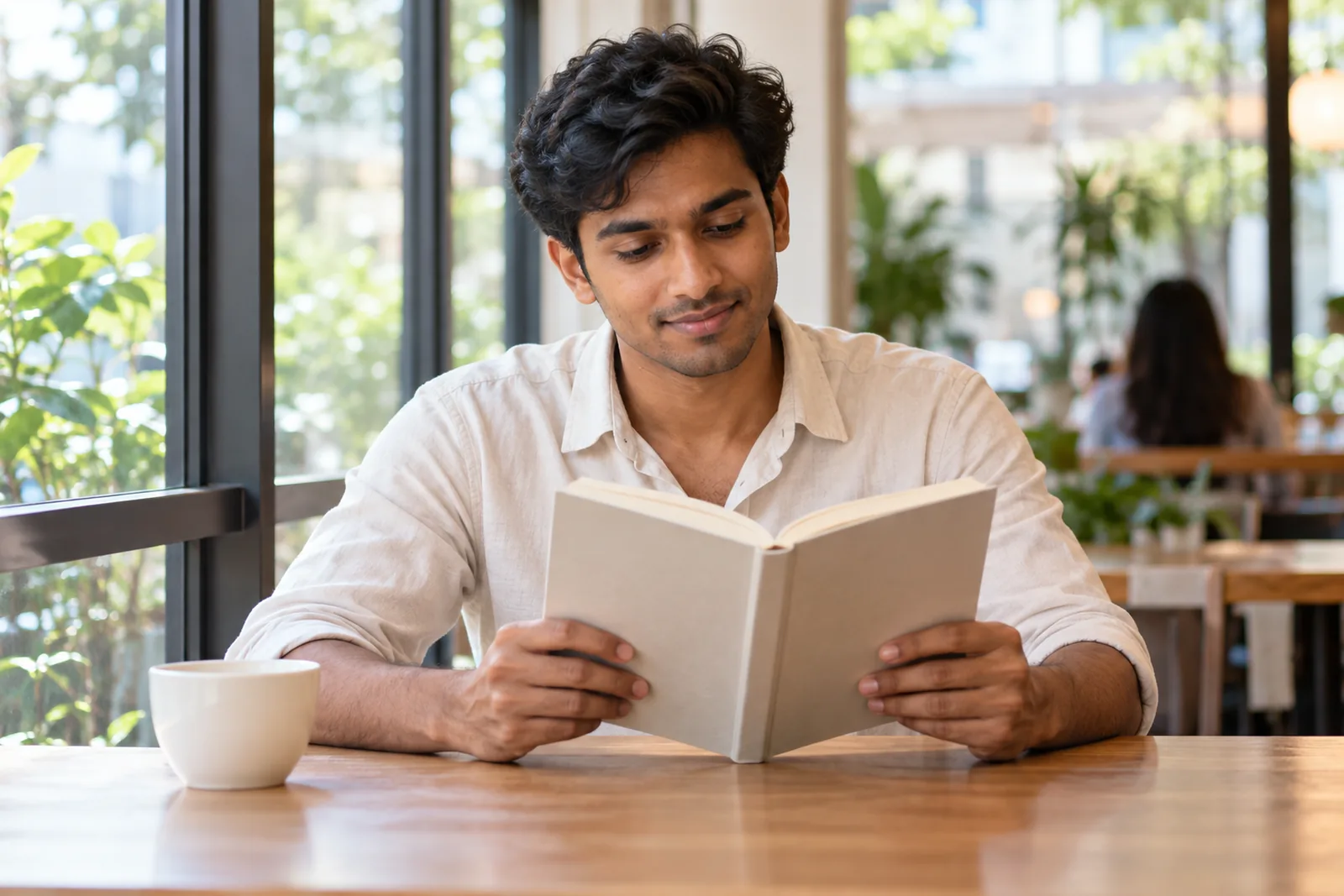 A young man reads a plain book with both arms resting on a cafe window table.