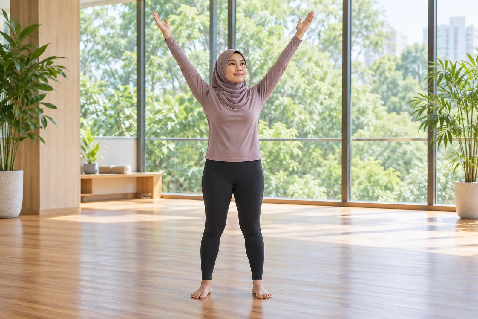 A young woman raises both arms in a gentle standing stretch in a bright timber-floored studio.