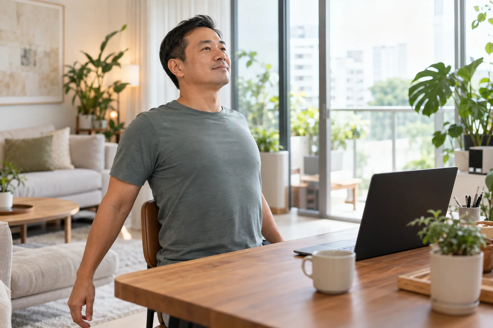 A man gently rolls his shoulders back during a break at a desk in a bright living room.