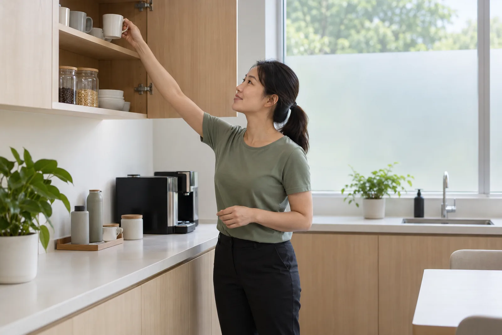 A woman reaches into a pale wood pantry cabinet for a plain ceramic mug.
