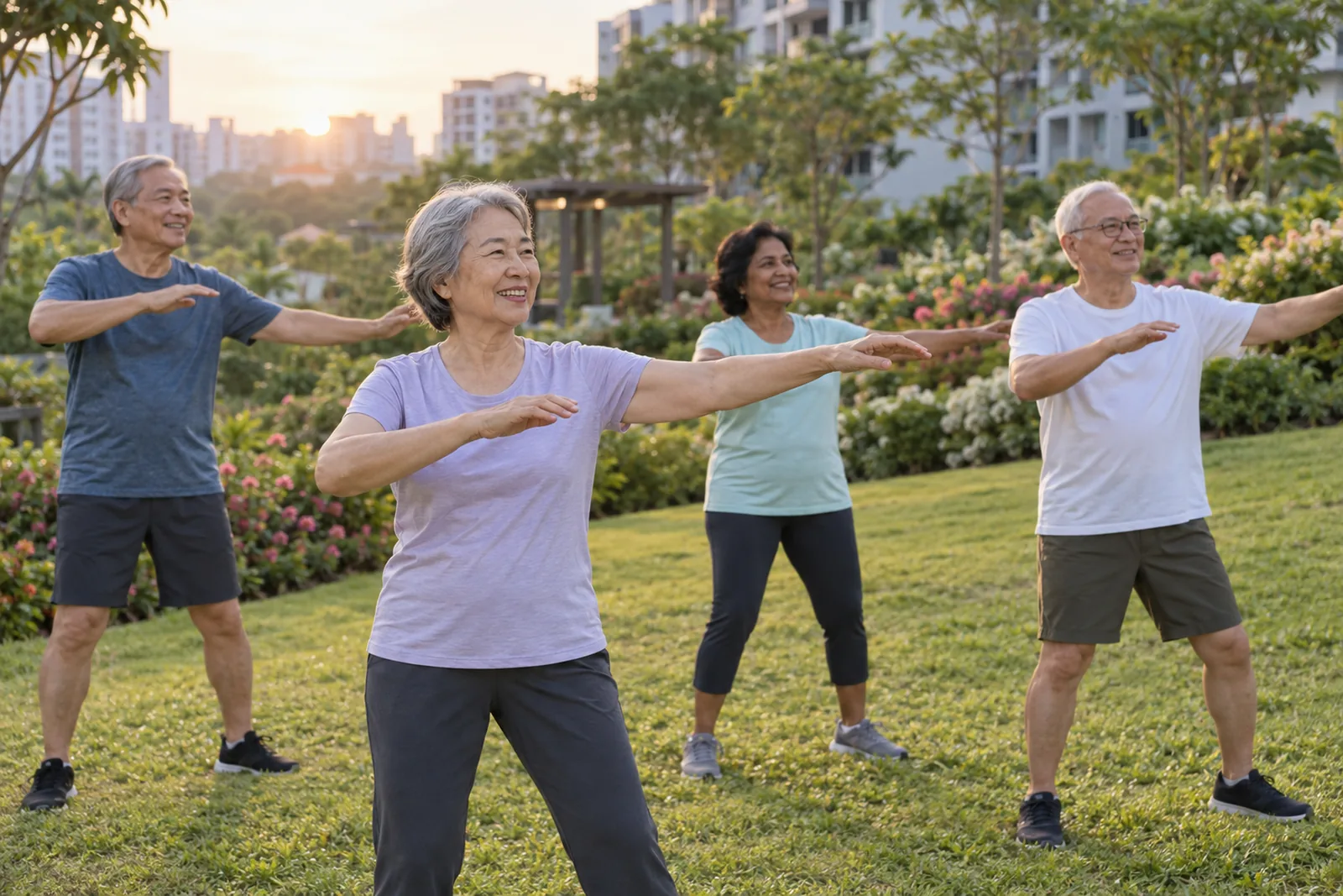 A small group of older adults performs slow arm movements together in a landscaped estate garden.