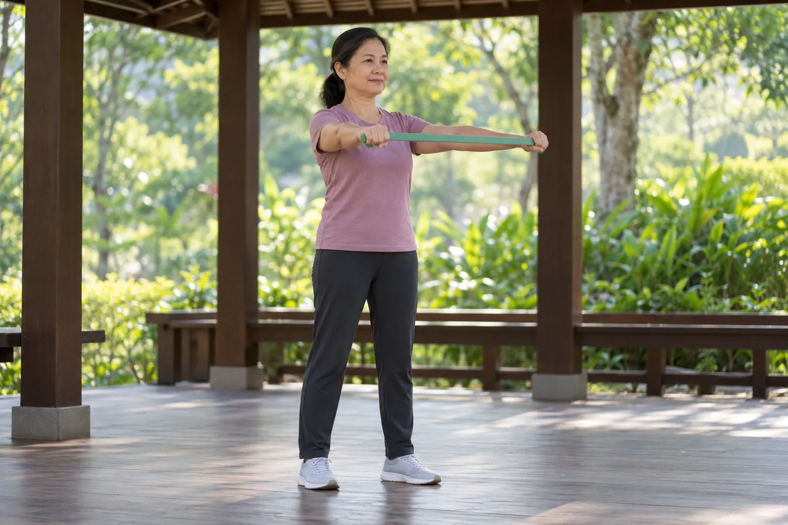 A woman performs a controlled arm raise with a resistance band in a wooden pavilion.