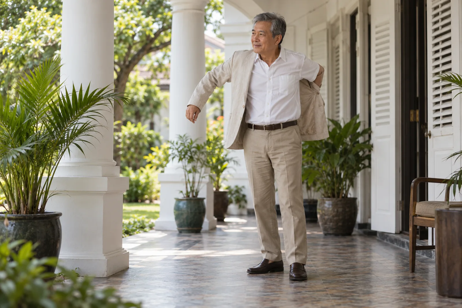 A man puts on a light linen jacket on the shaded porch of a bungalow.