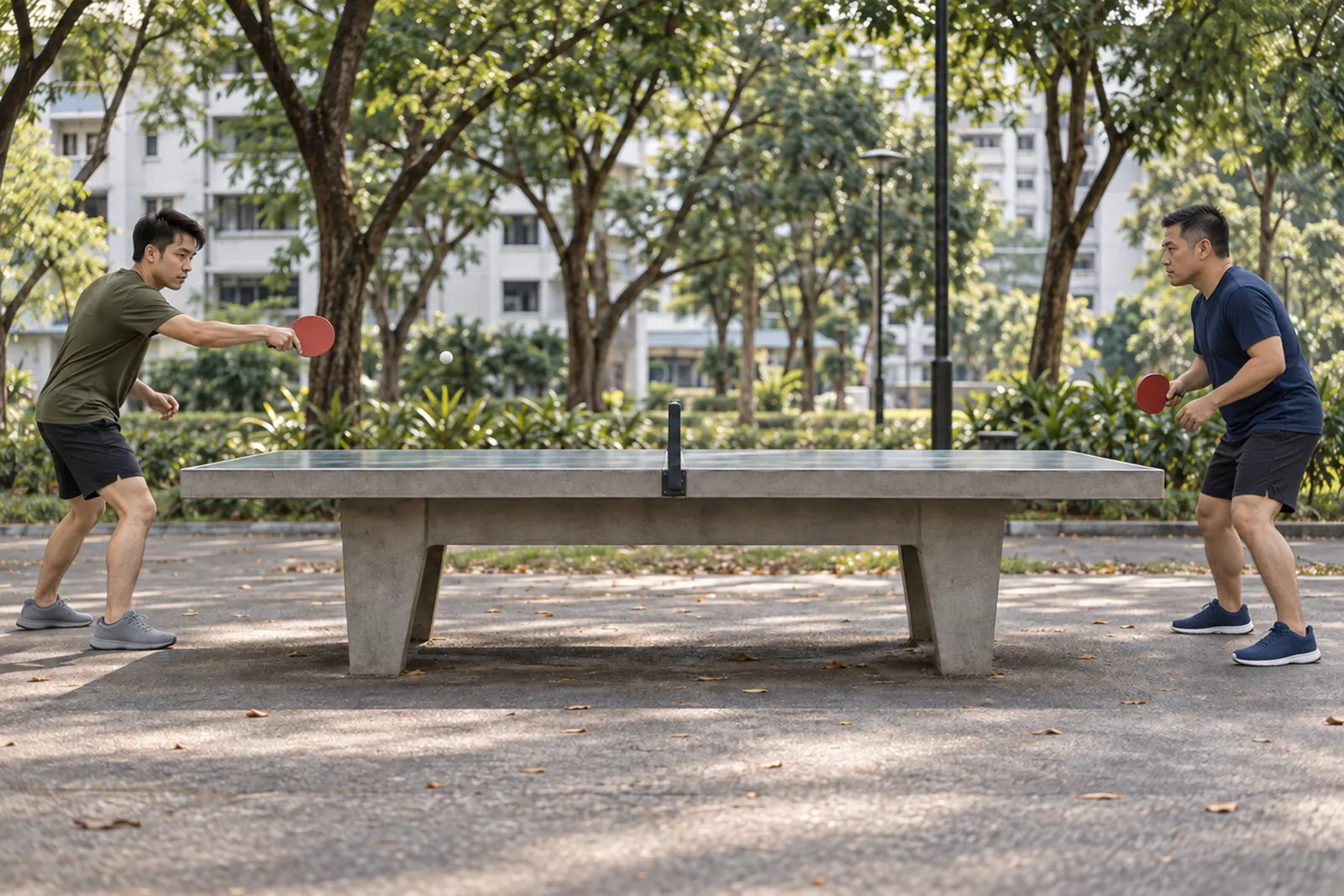 Two men play table tennis at opposite ends of a concrete table in a shaded neighbourhood park.