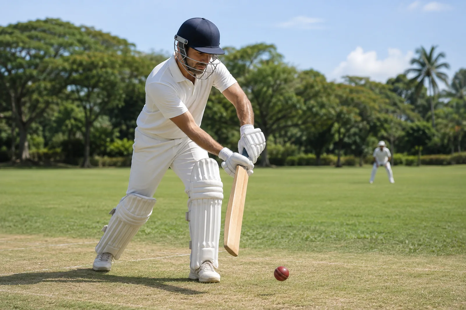 A man plays a balanced defensive cricket shot on a green club ground in daylight.