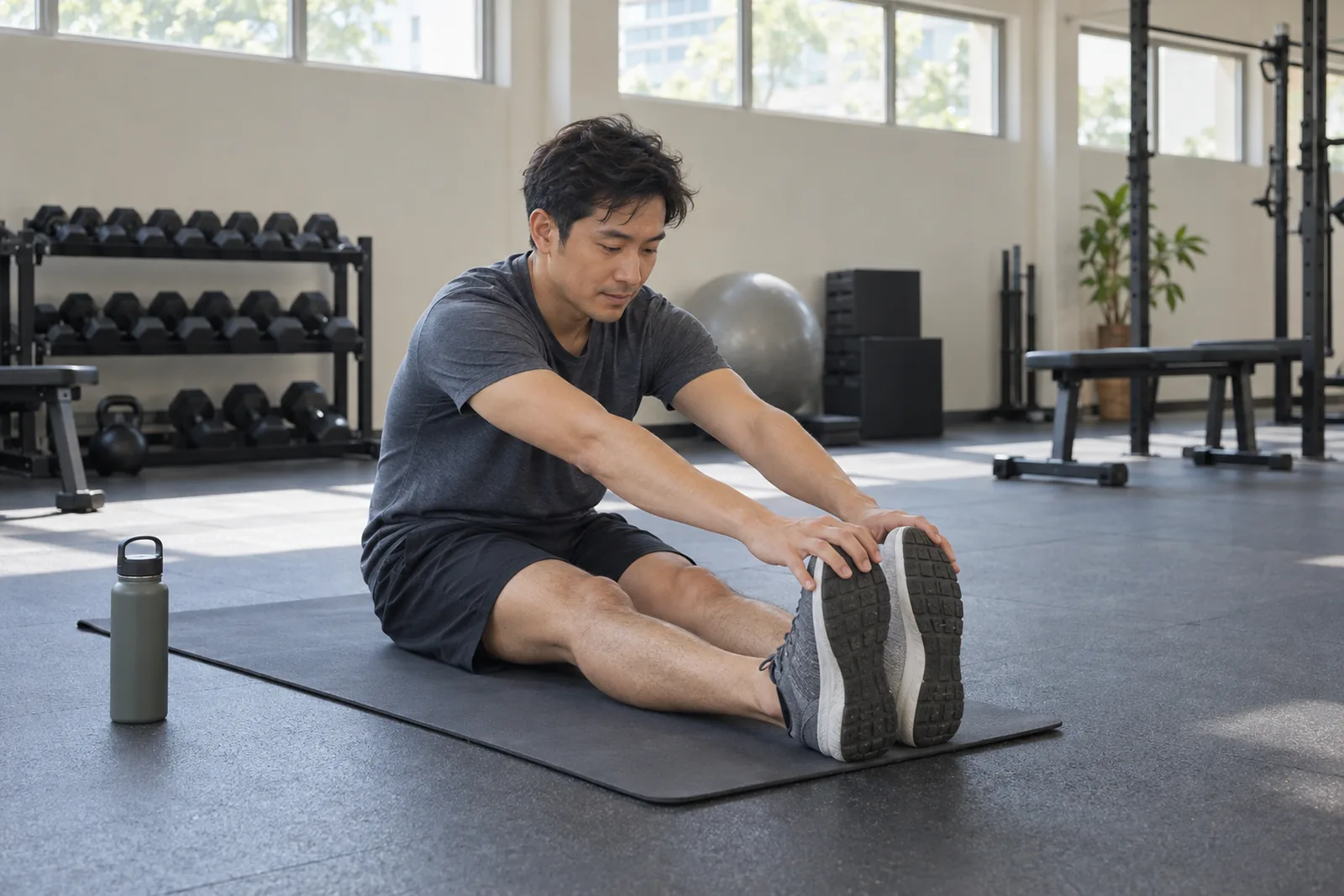 A man sits on a mat and stretches his legs in a bright neighbourhood gym.