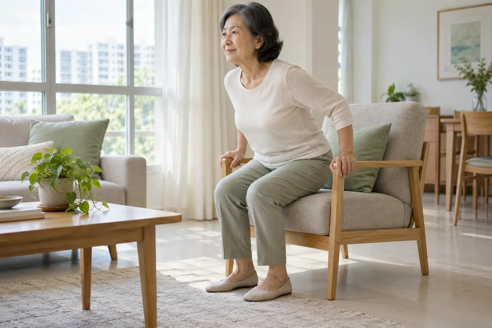 An older woman rises calmly from a firm armchair in a bright living room.