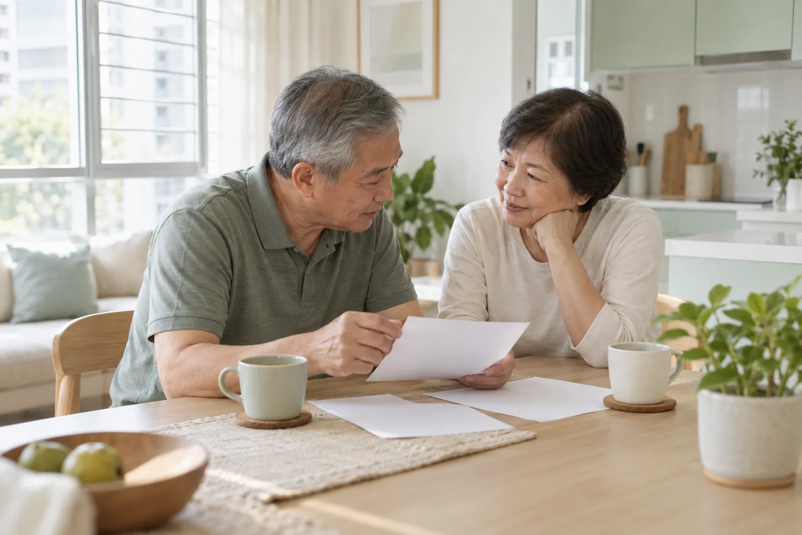 An older couple talk over cups of tea and plain notes at a bright kitchen table.