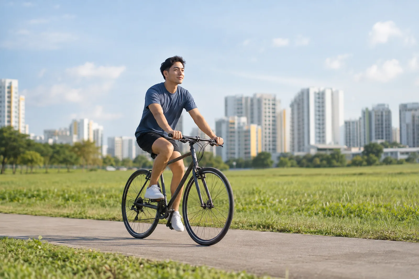 A young man cycles across an open grassy field with apartment blocks in the distance.