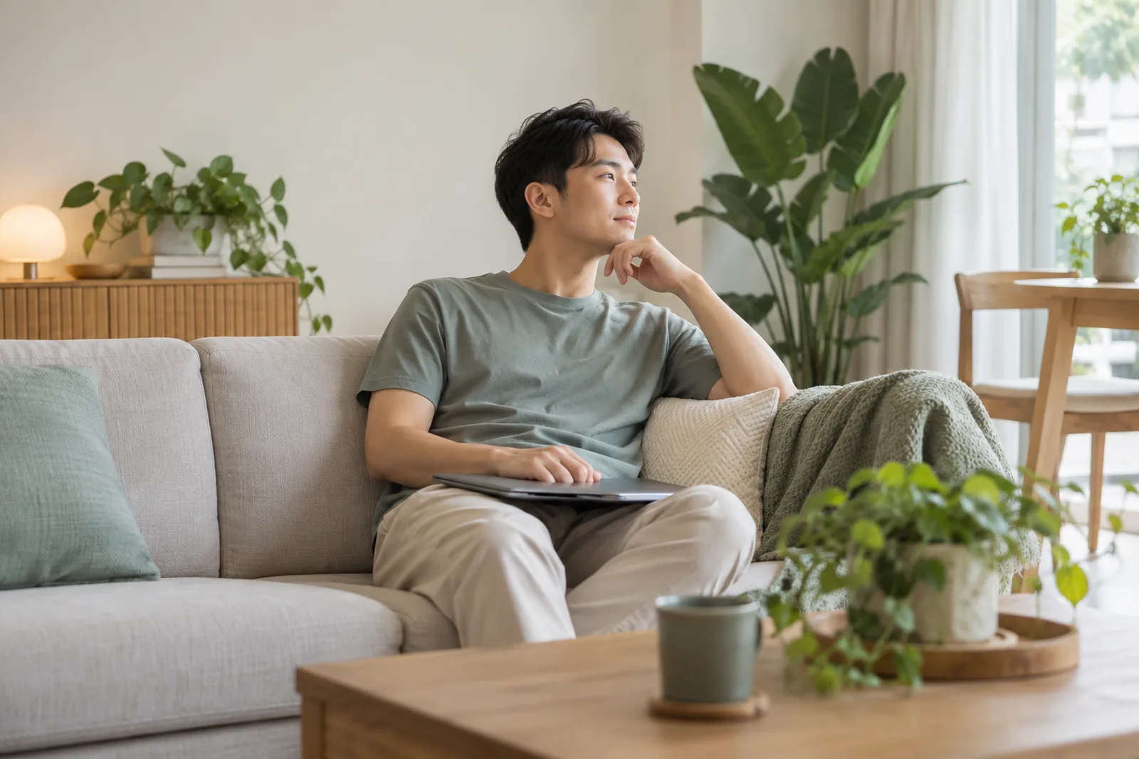A young man sits thoughtfully on a sofa with a closed laptop resting on his lap.