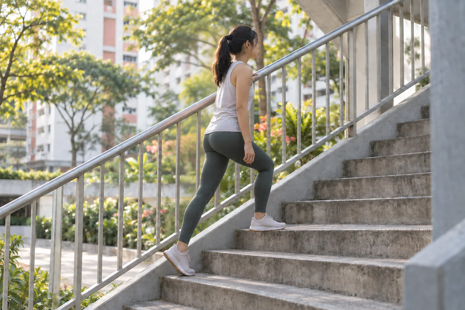 A young woman climbs an outdoor staircase with her leading foot planted flat on the higher step.