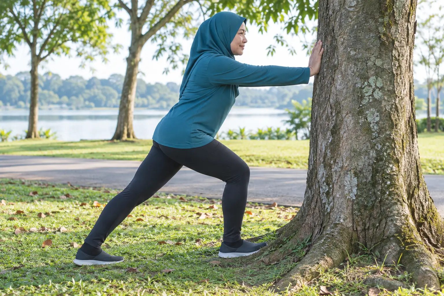 A woman stretches her calf against a tree, keeping her back leg straight and her heel on the ground.