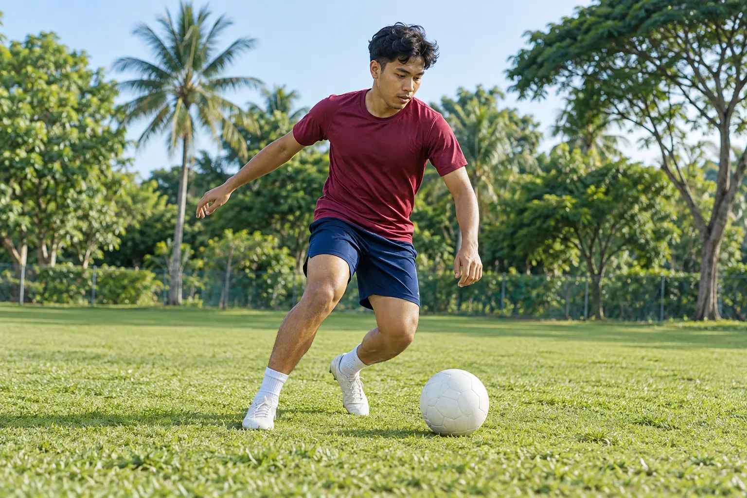 A young man dribbles a football across a grass pitch while changing direction.