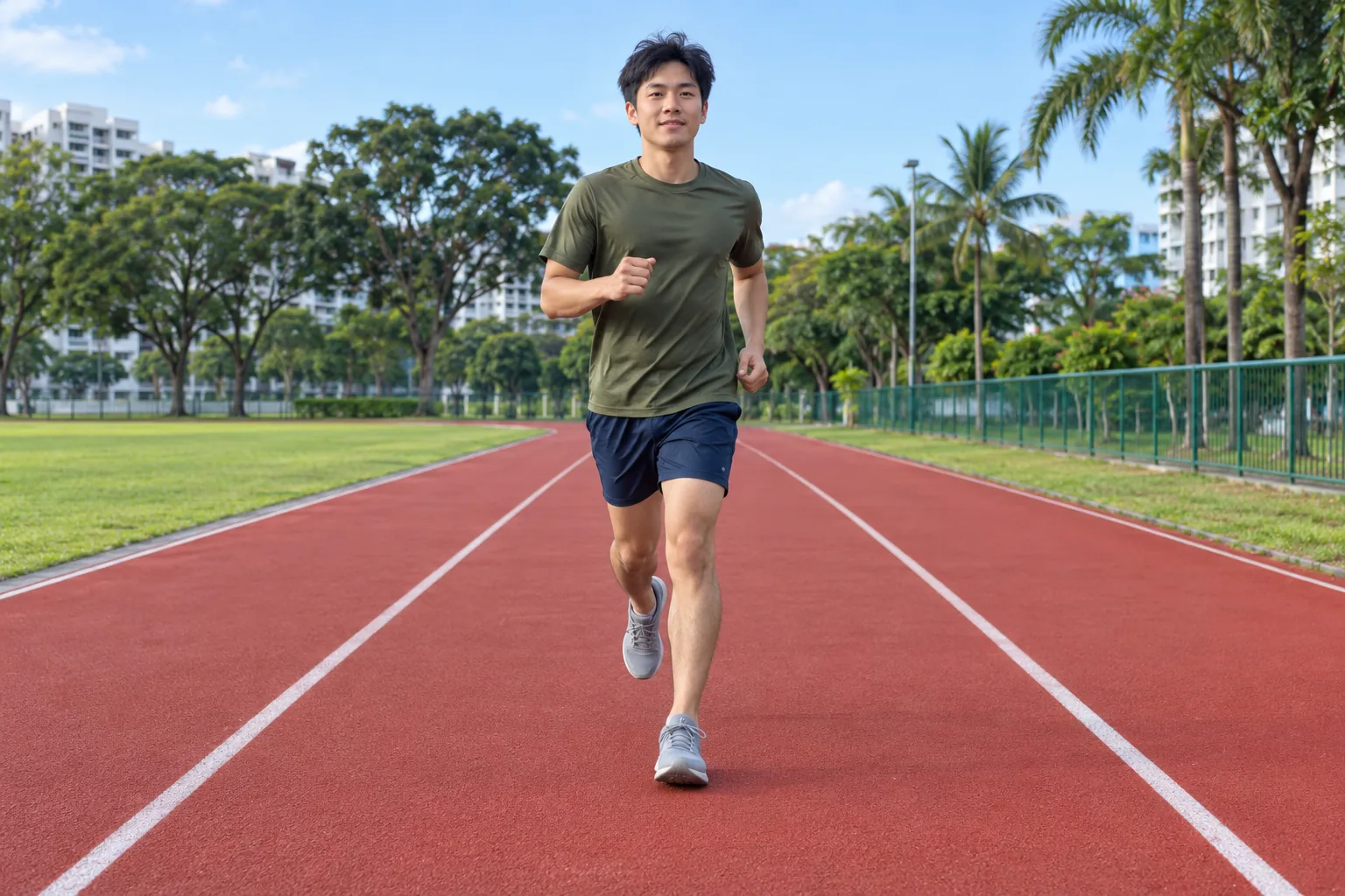 A young man jogs at an easy pace within one lane of a public running track.