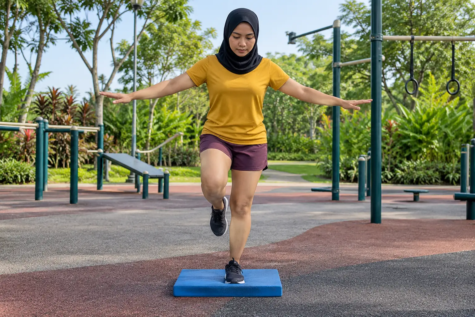 A young woman balances on one leg on a foam pad at an outdoor fitness corner.