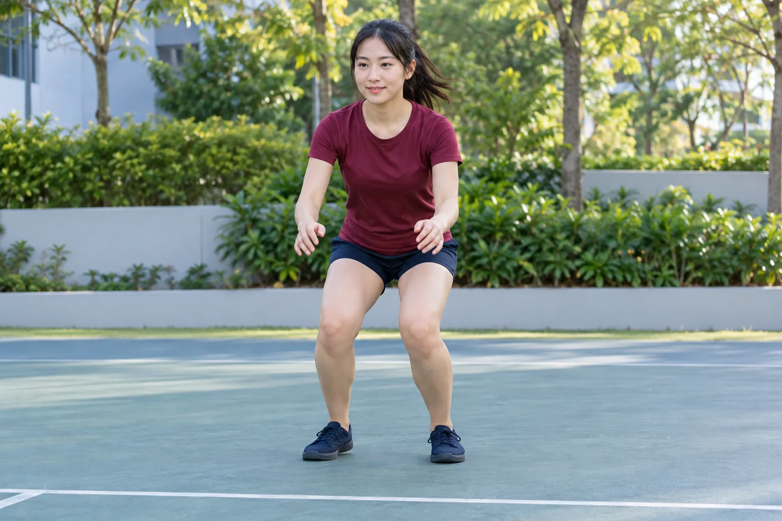 A woman lands softly on both feet from a small jump on an outdoor court with her knees bent.