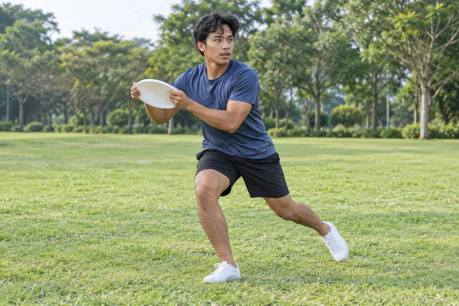A young man catches a flying disc and turns over his planted knee on a grass field.