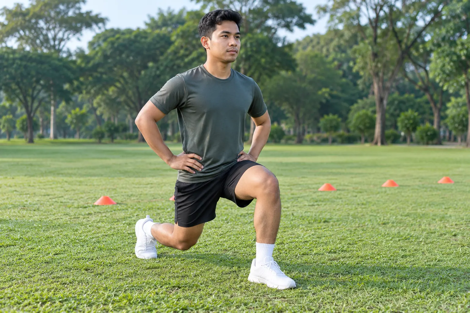 A young man performs a slow forward lunge on a grass training field with his front knee bent.