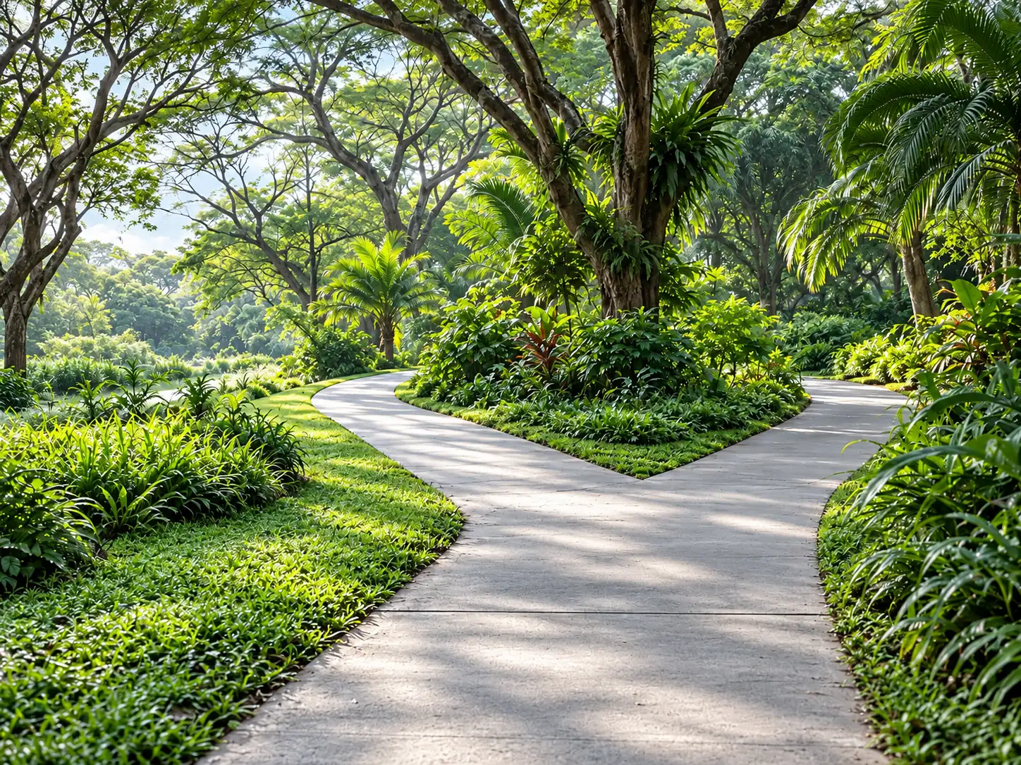 Jalur penghubung taman (park connector) melintasi tanaman hijau tropis dan bercabang ke dua arah dalam cahaya pagi hari.