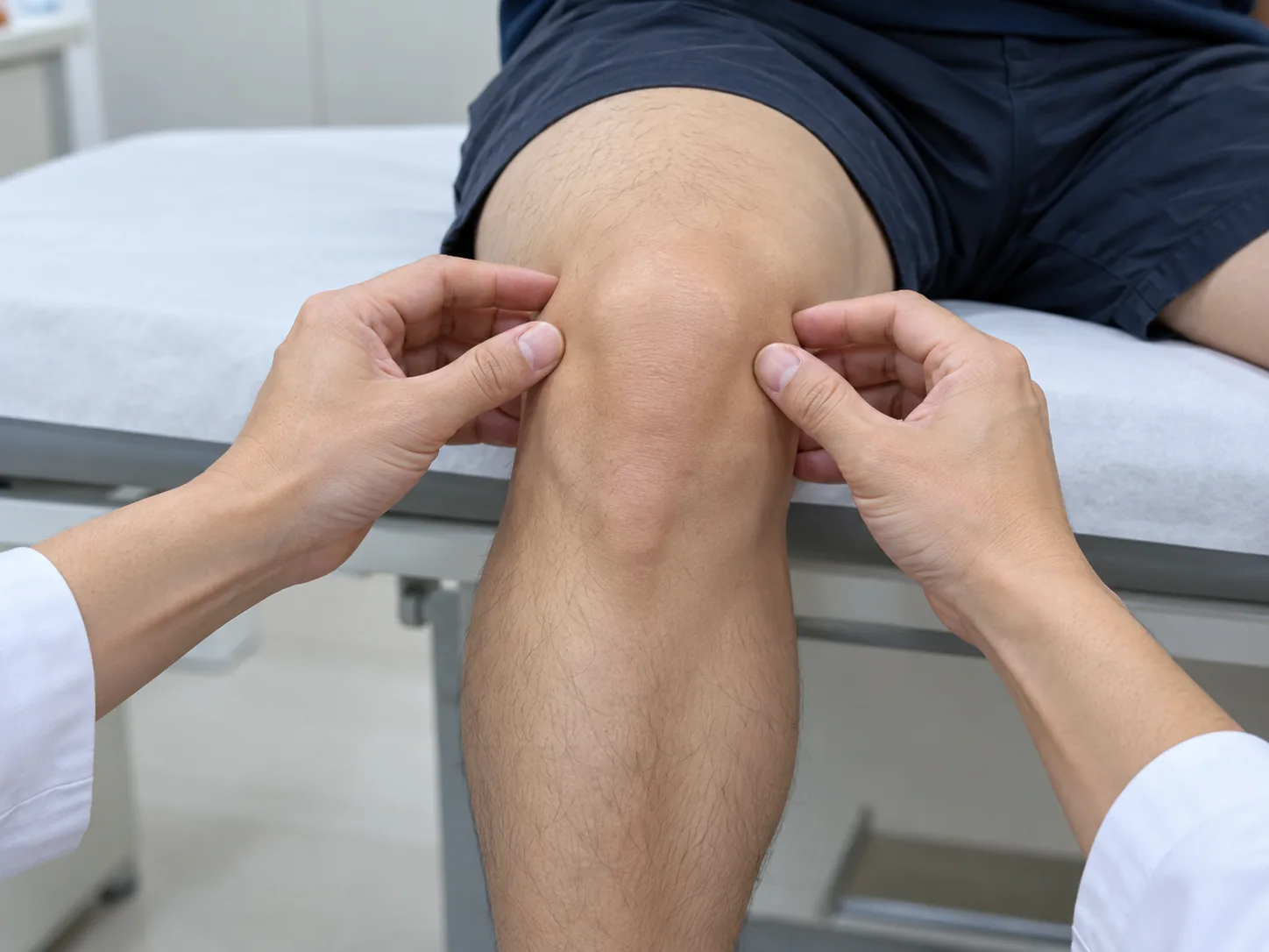 Seorang klinisi memeriksa lutut pasien yang sedang duduk dengan lutut ditekuk saat konsultasi di klinik.