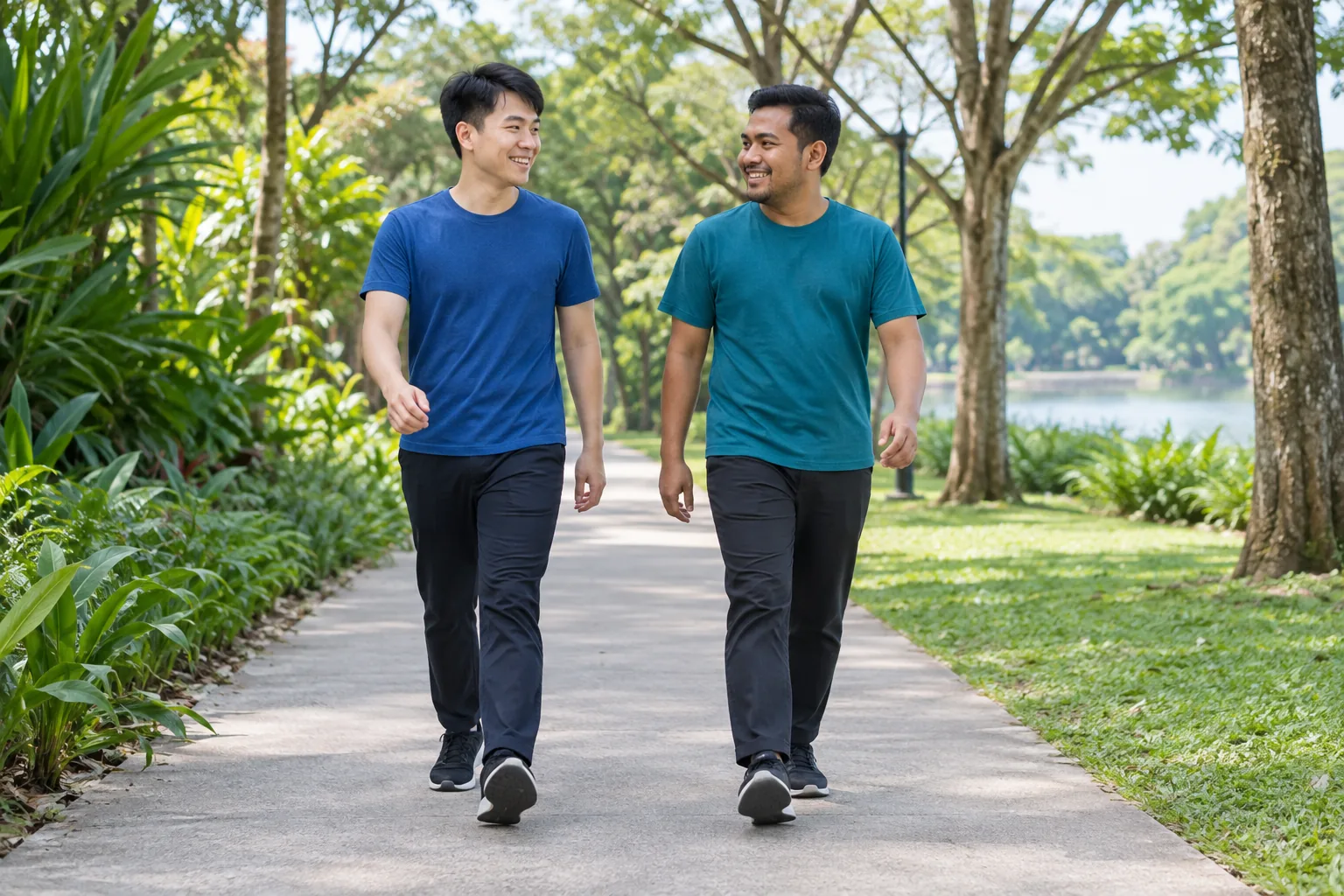 A young man walks steadily along a level park path beside a friend.