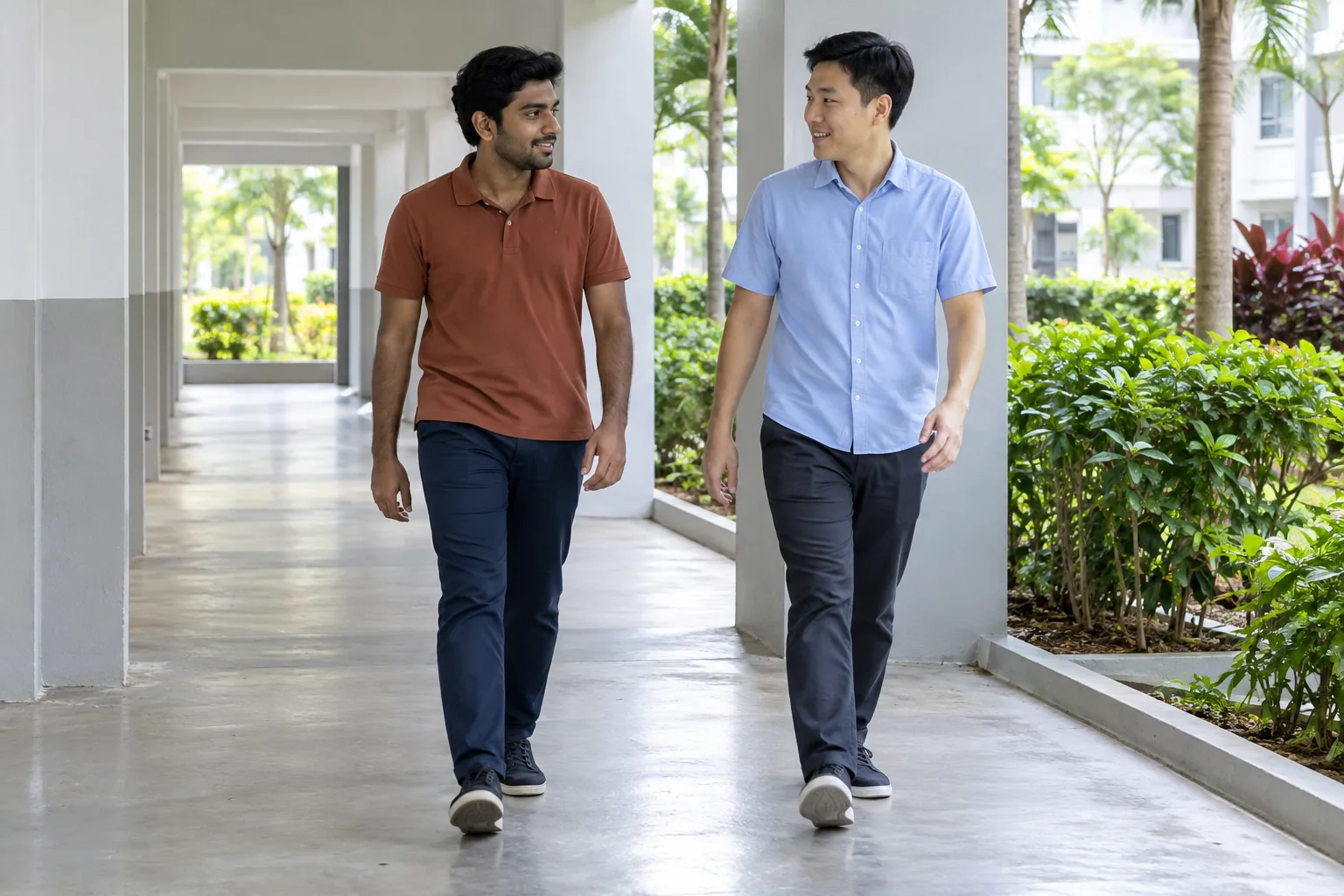 A young man walks slowly beside a friend along a housing-block corridor.