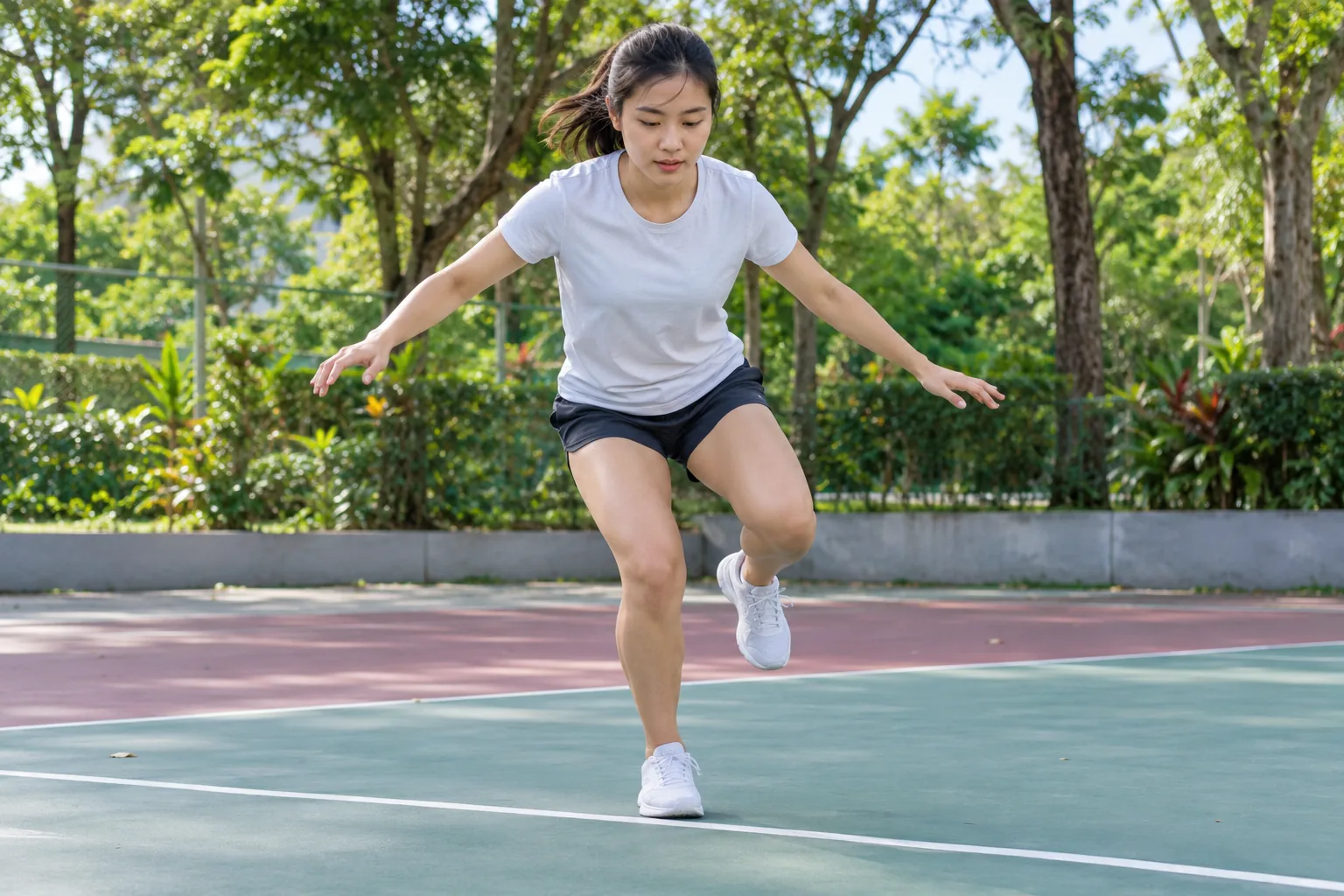 A young woman lands on one bent leg with her arms extended during an outdoor court drill.