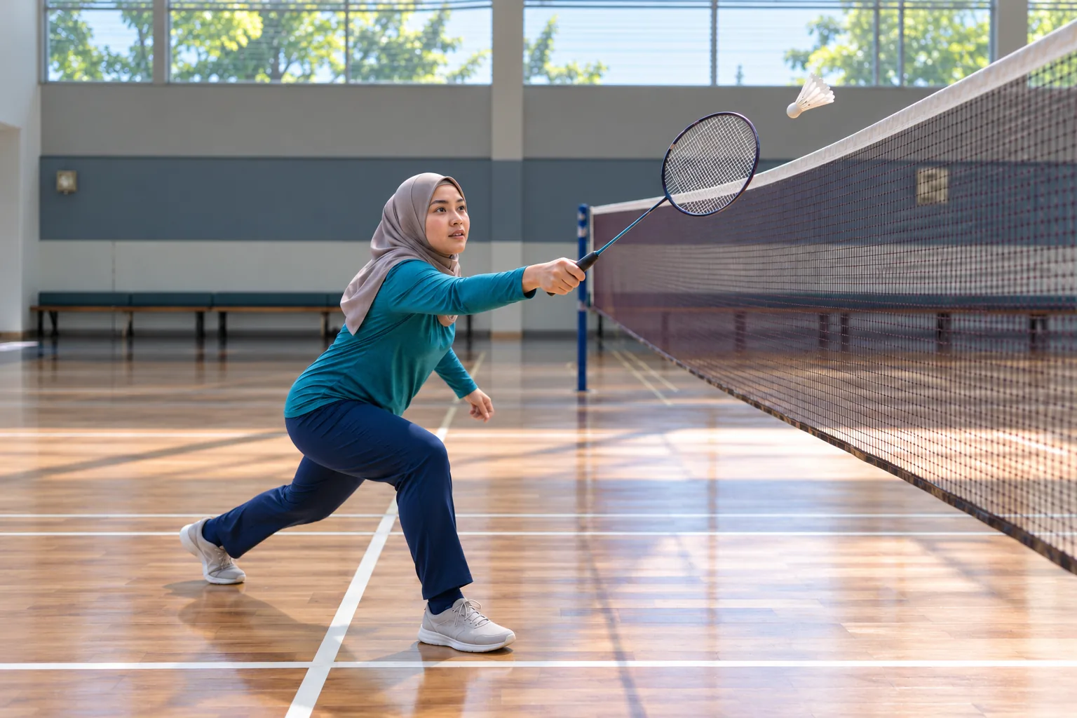 A Malay woman in modest teal and navy sportswear lunges toward a badminton net.