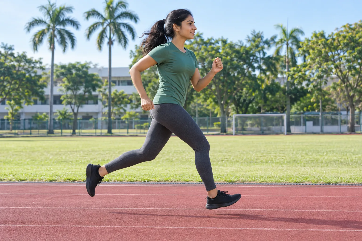 An Indian woman runs on a school track with a natural opposite-arm-and-leg stride.