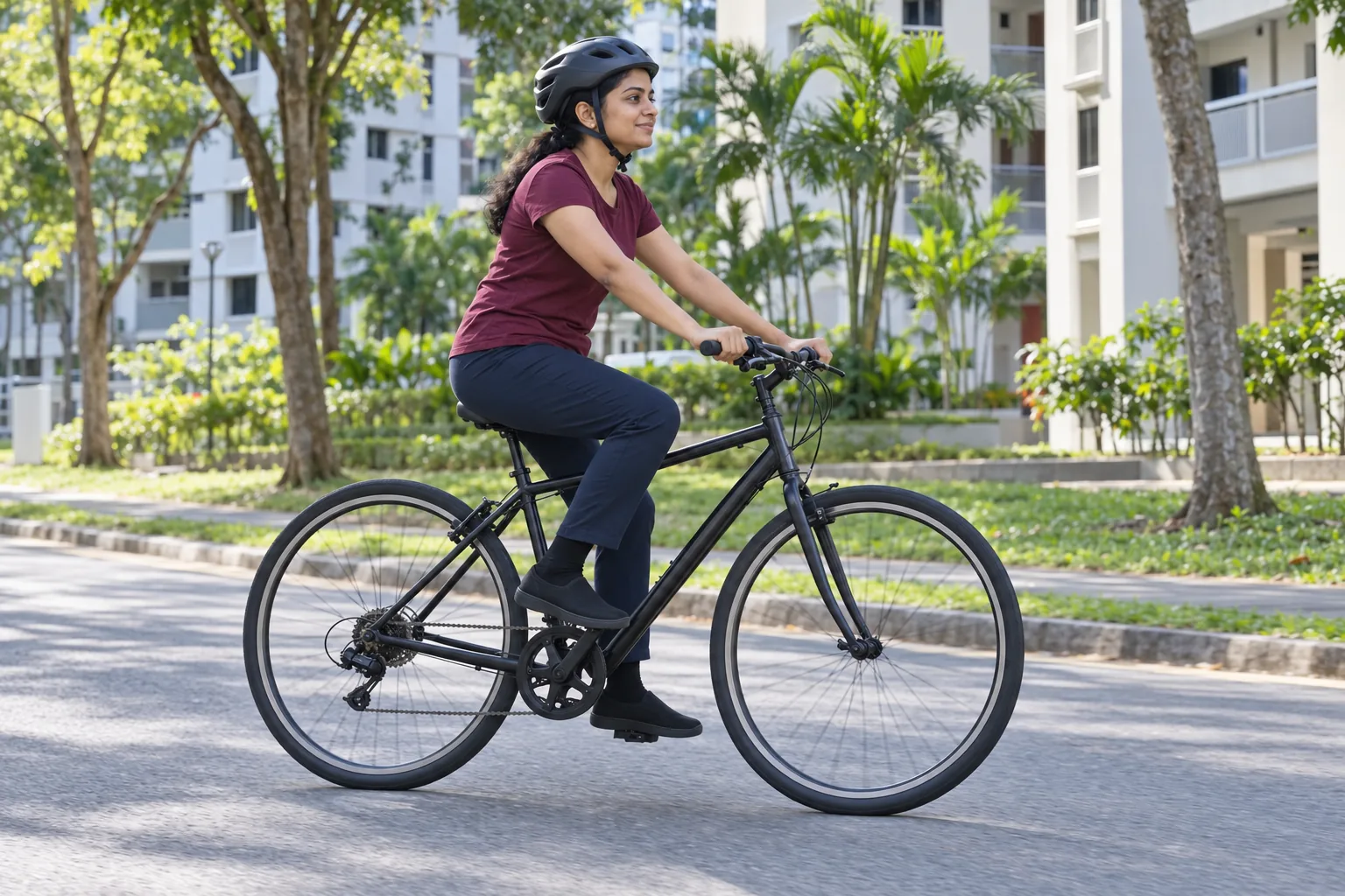 An Indian woman wearing a helmet cycles along a quiet estate road.