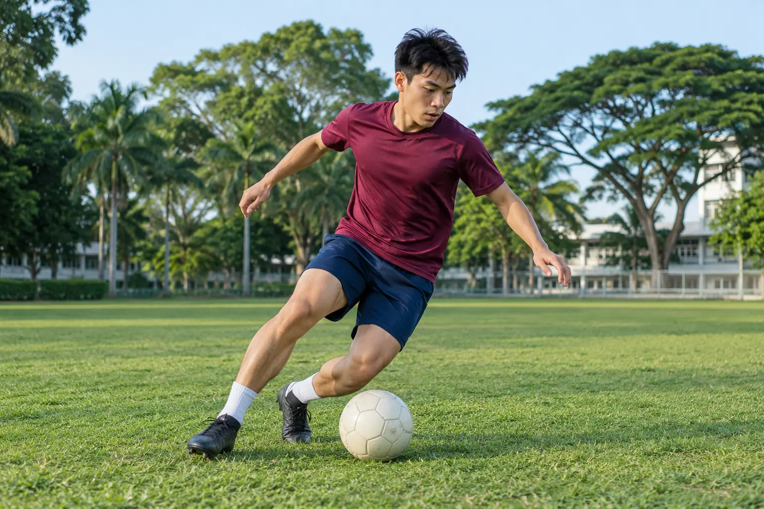 A Chinese man cuts sideways with a football on a grass pitch.