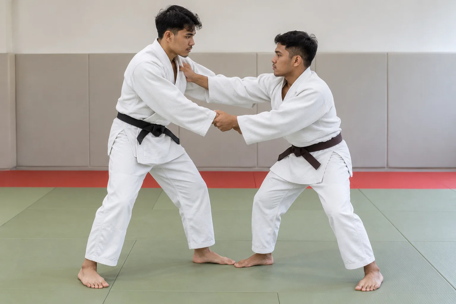 Two young Malay men practise controlled standing judo grips in a bright dojo.