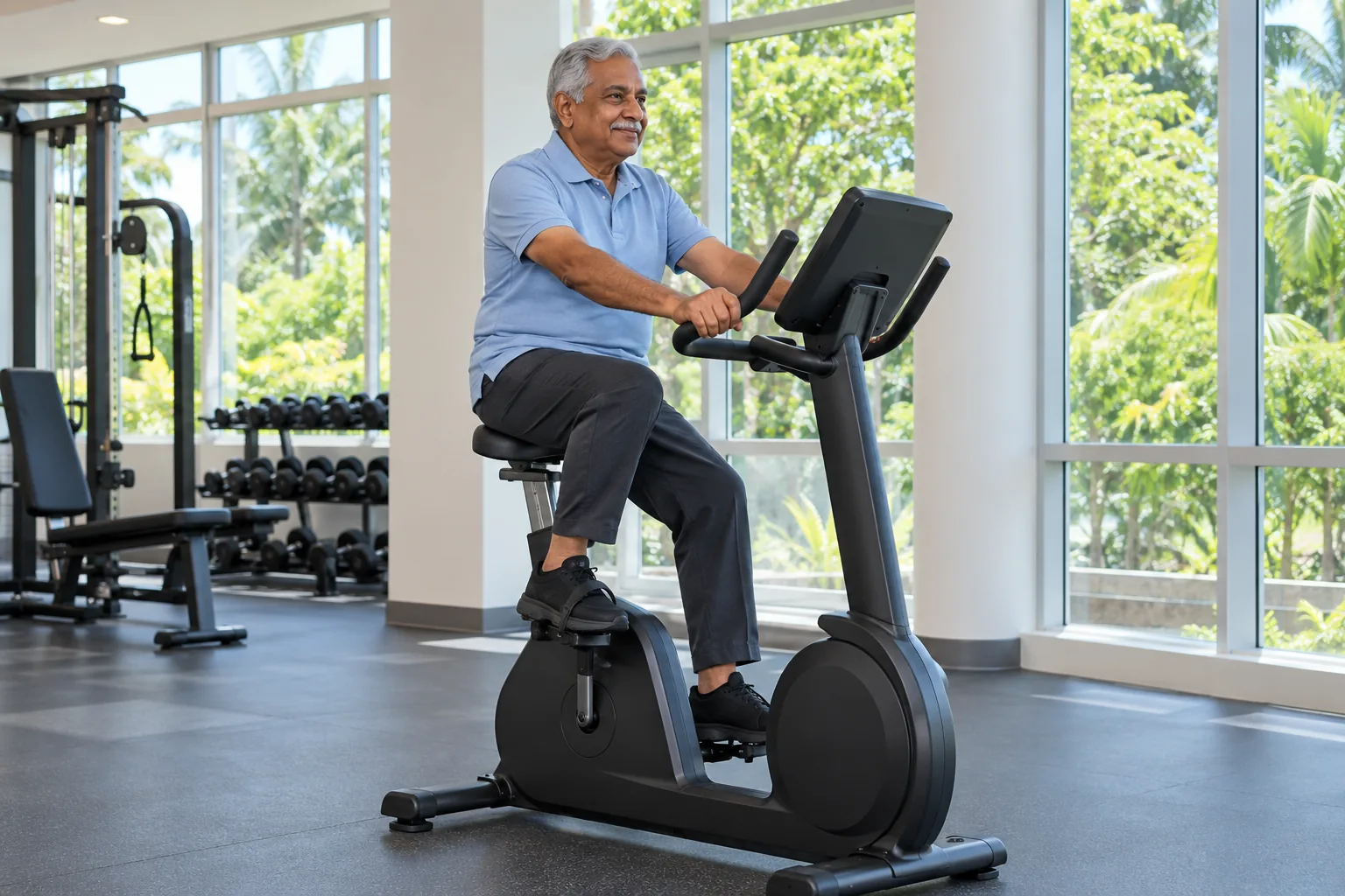An Indian man pedals a stationary bicycle in a community gym.