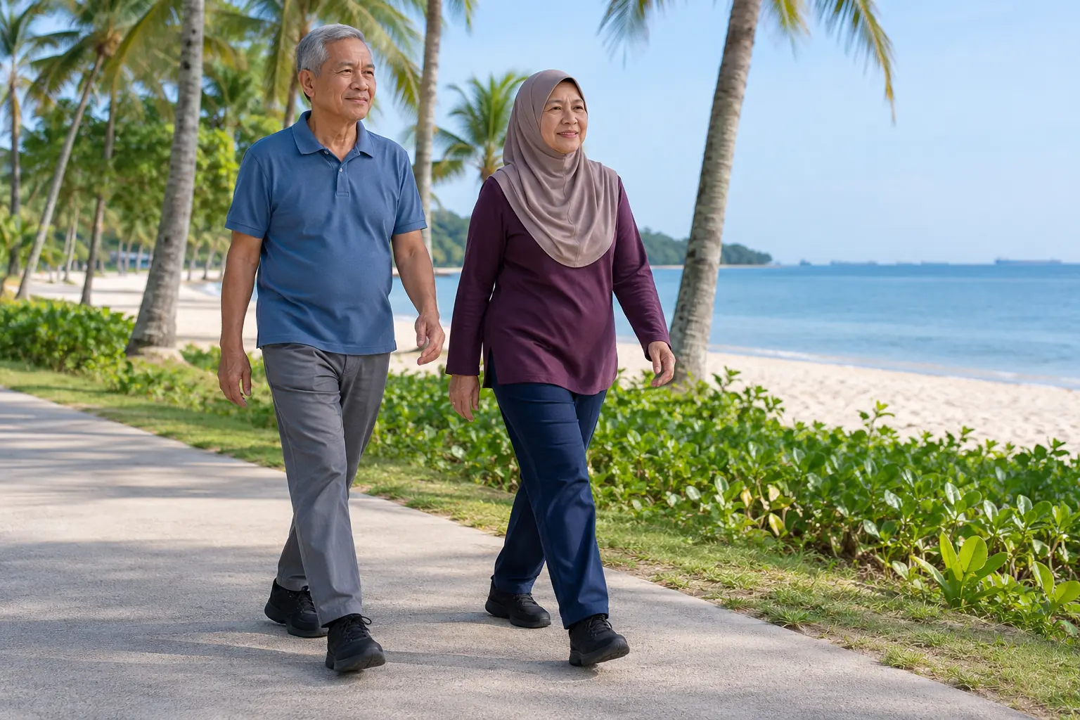 An older Malay Singaporean couple walks along a tropical beach park path.