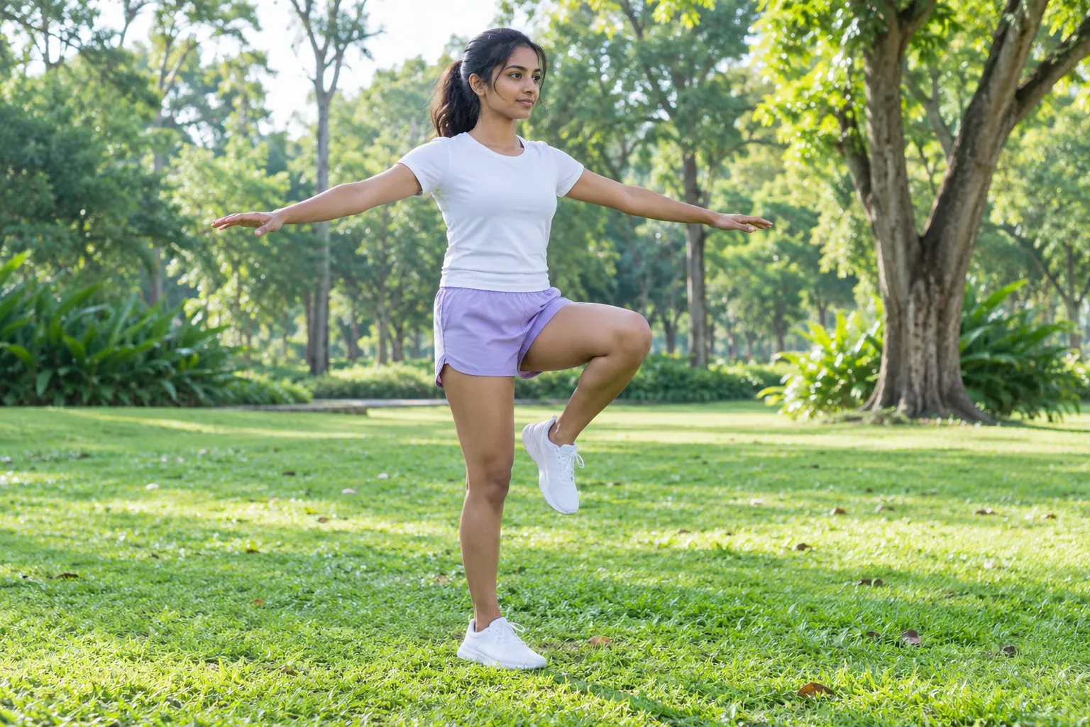 A young woman balances on one foot on grass with her arms extended.