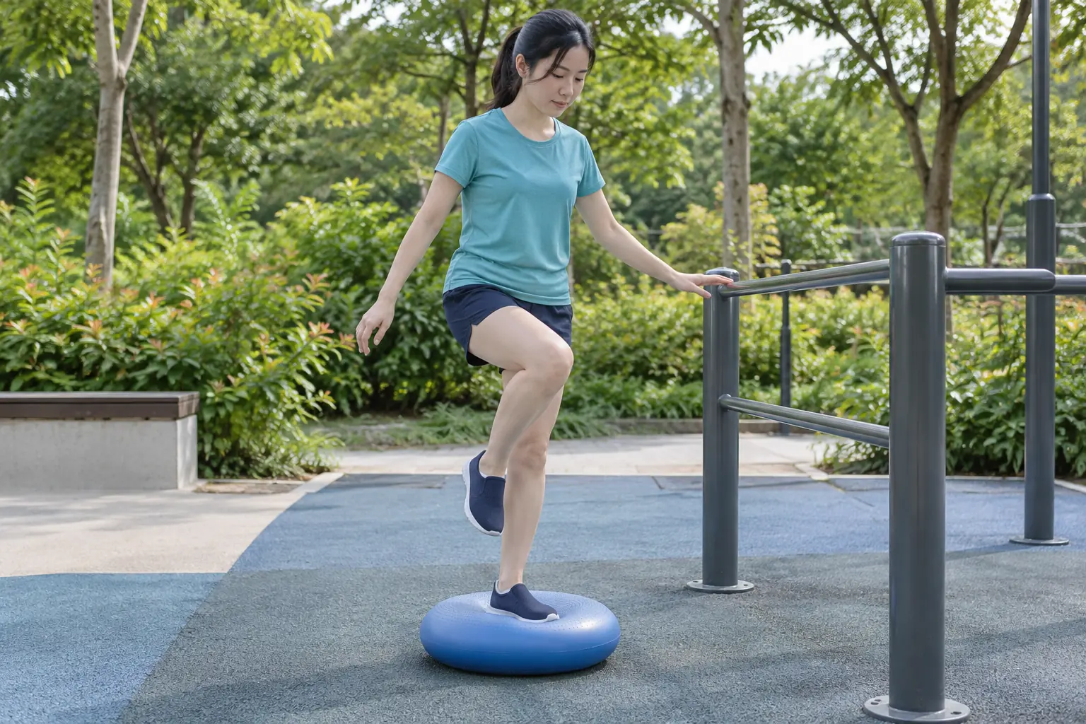 A young woman balances on one leg on a wobble cushion beside a rail at an outdoor fitness corner.