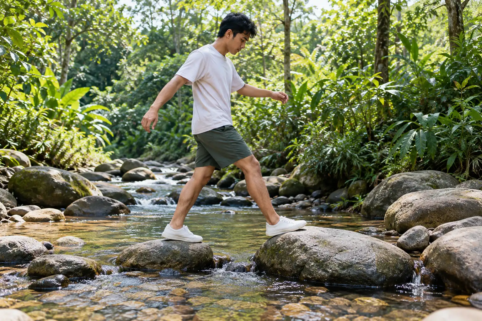 A young man steps carefully from stone to stone across a shallow stream in a nature park.