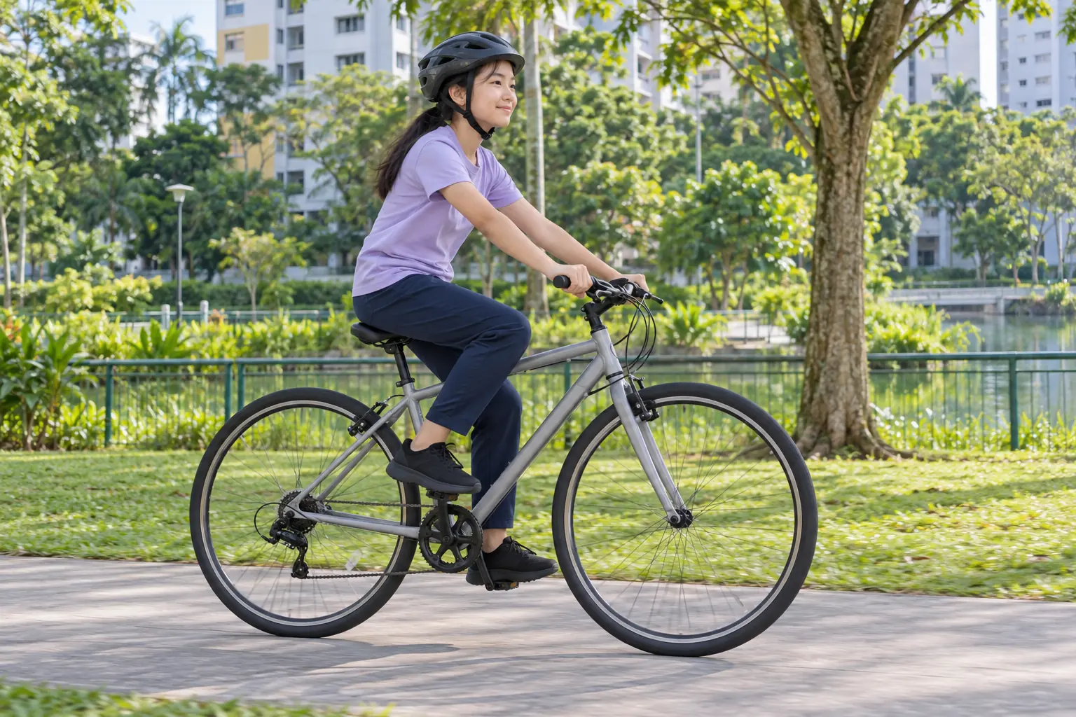 A Chinese teenage girl wearing a helmet rides a bicycle on an estate park path.