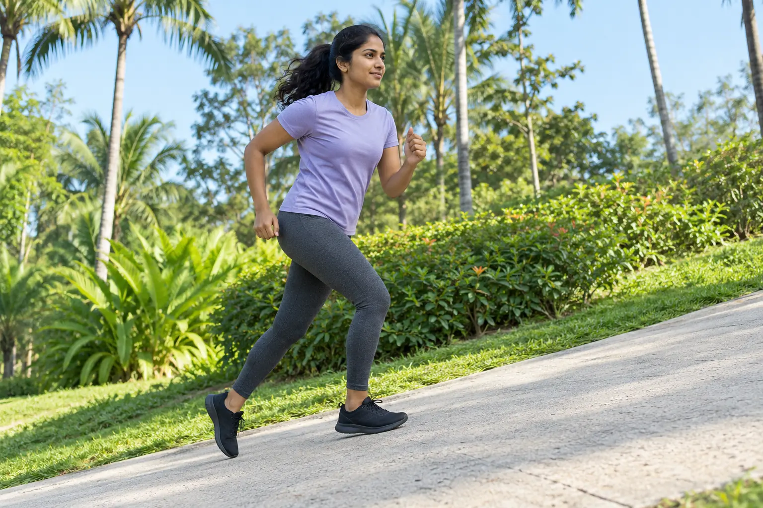 A young Indian Singaporean woman runs up a gentle park slope.