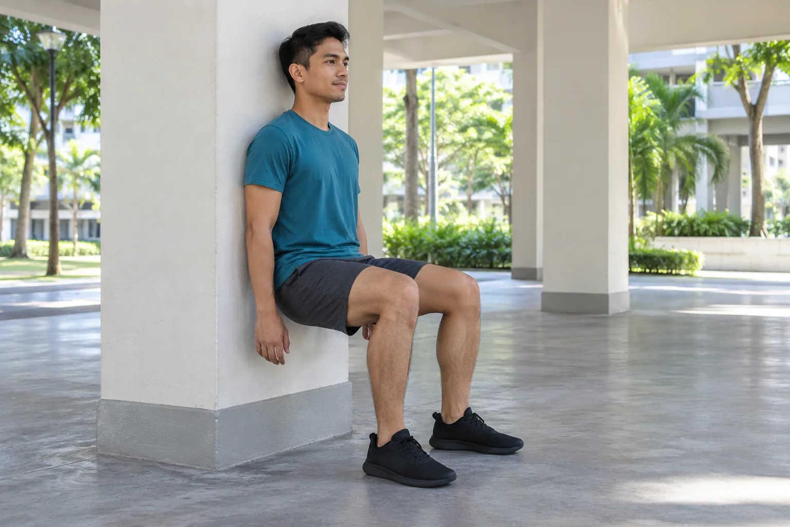 A Malay man holds a wall sit against a void-deck pillar.