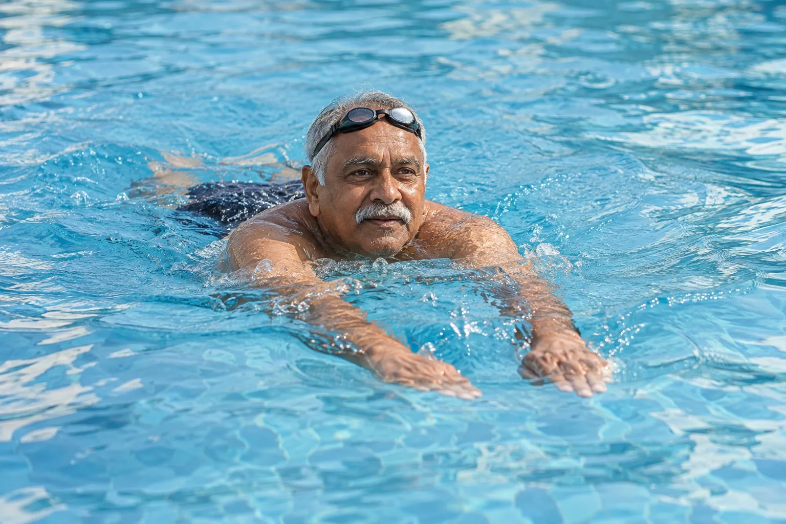 A man swims a gentle breaststroke in an outdoor pool.