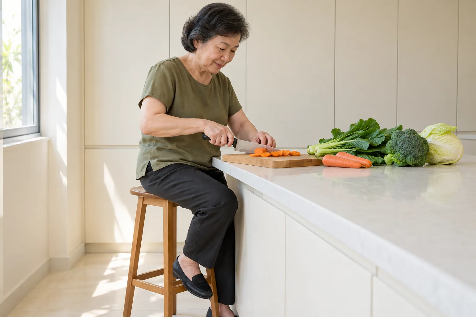 A woman sits on a tall stool and chops vegetables at a kitchen counter.