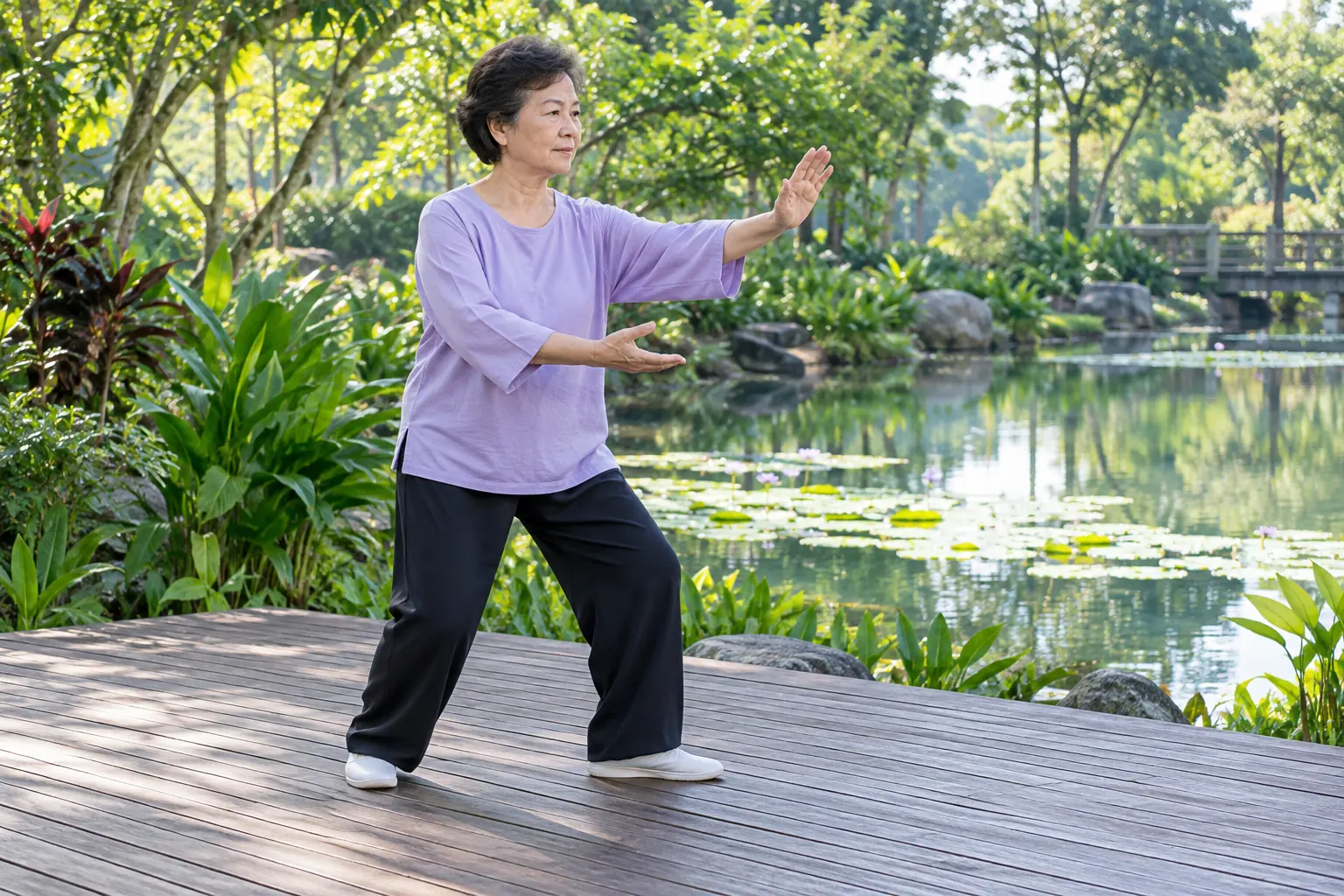 A woman practises tai chi on a timber deck beside a pond.