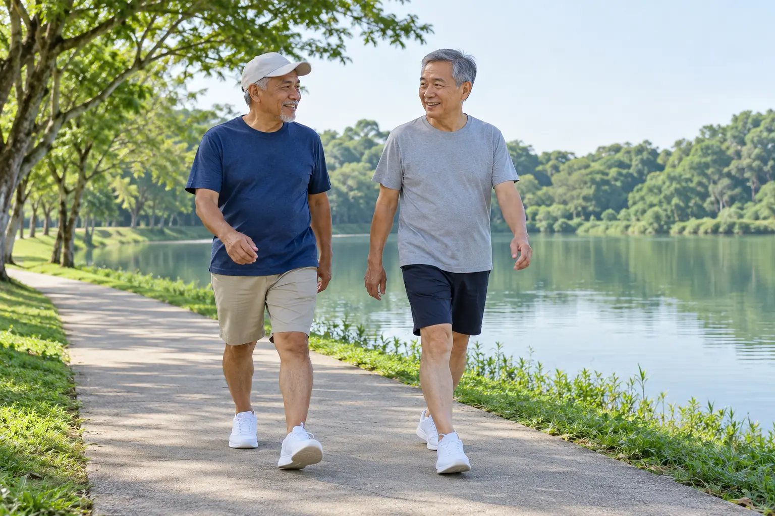 Two older men walk side by side along a reservoir path at an easy pace.