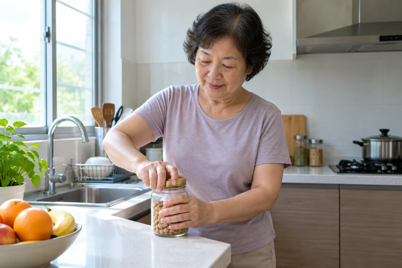 A woman opens a glass jar with both hands at a kitchen counter in morning light.